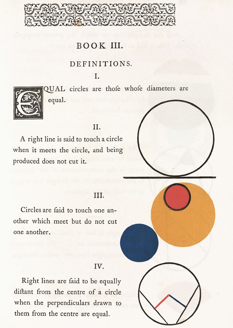 Diagrams illustrating the mathematics of circles from the first six books of the Elements of Euclid.