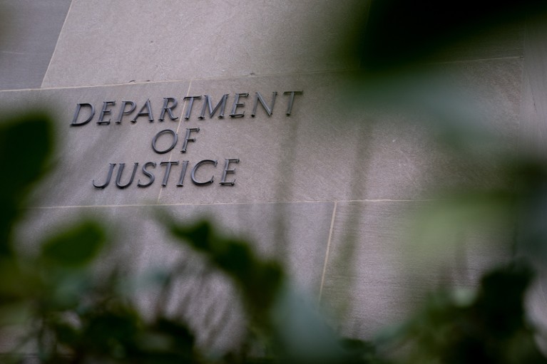 Close-up of the logo of The Department of Justice building in Washington D.C.