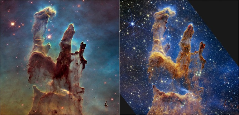 Composite of two images of the Pillars of Creation taken by the Hubble Space Telescope and JWST