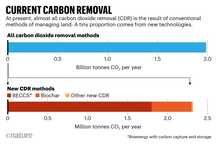 当前碳移除:条形图显示,几乎所有的二氧化碳去除常规去除方法的结果。