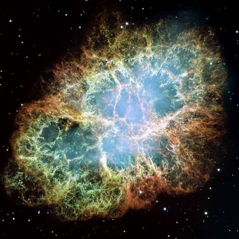 A mosaic image taken by NASA's Hubble Space Telescope of the Crab Nebula, a remnant of a star's supernova explosion.