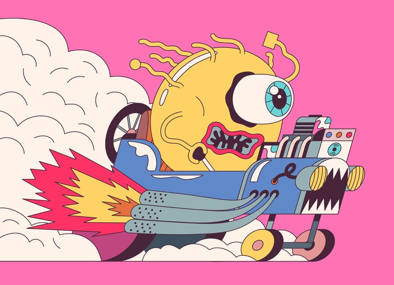 Cartoon of an anthropomorphised T-cell driving a hot rod at speed with fire and smoke coming out of the exhaust