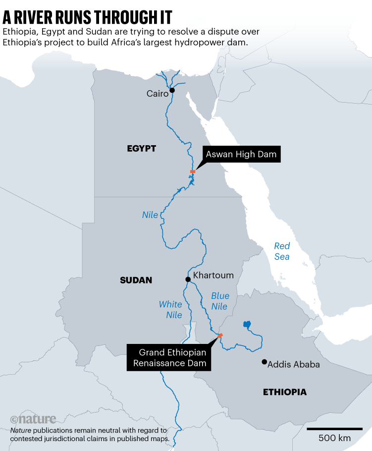 A river runs through it: Map showing the locations of the Grand Ethiopian Renaissance Dam and Aswan High Dam.