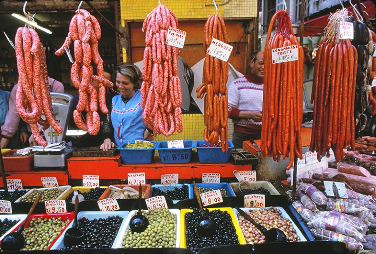 Sausages, merguez, olives and other foods at a open market in Marseille, France