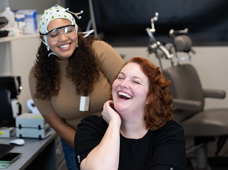 Chantel Prat (right) and her daughter Jasmine (left) in the lab.