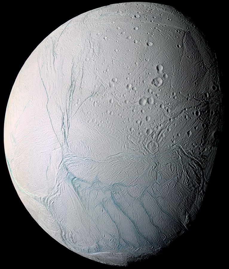 The surface of Enceladus captured by NASA's Cassini spacecraft as it sped away from this geologically active moon of Saturn.