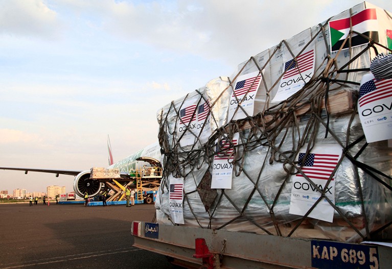A shipment of vaccines against the coronavirus sent to Sudan by the Covax vaccine-sharing initiative, are unloaded from a plane.