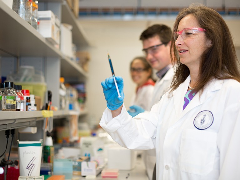 Molly Shoichet in the lab with the hydrogel that she and her group invented.