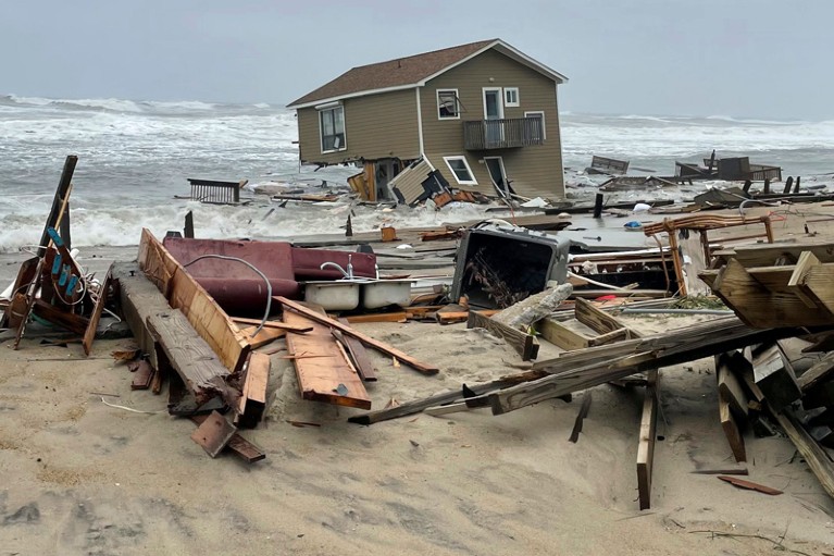 A collapsed beach house along North Carolina's Outer Banks coast