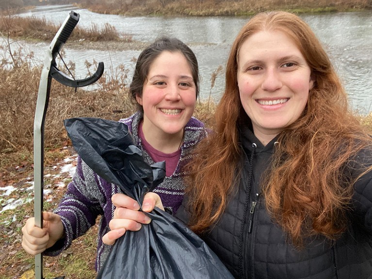 Justine Ammendolia and Jacquelyn Saturno conducting fieldwork near the Humber River in Toronto, Canada.