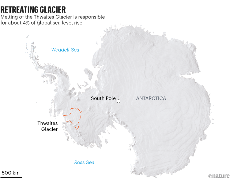 退缩的冰川:南极洲地图，显示思韦茨冰川的位置。