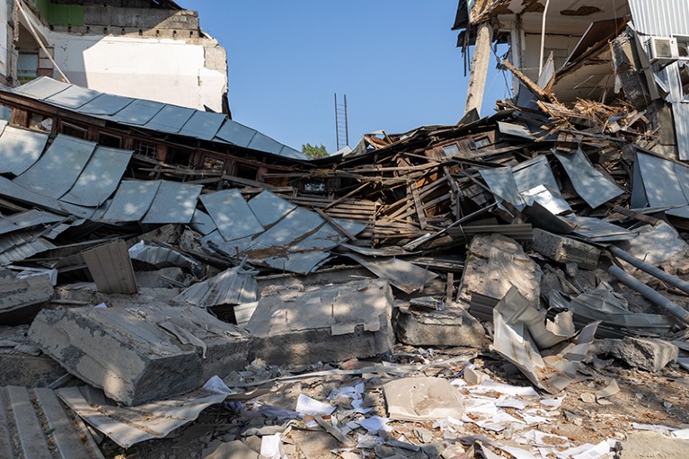 The National Technical University Kharkiv Polytechnic Institute destroyed by a Russian missile in Kharkiv, Ukraine.