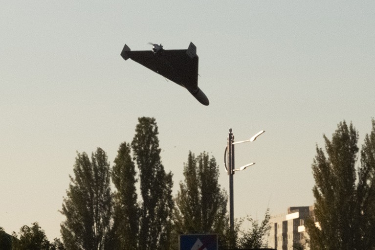 A drone approaches for an attack in Kyiv on October 17, 2022, during the Russian invasion of Ukraine.