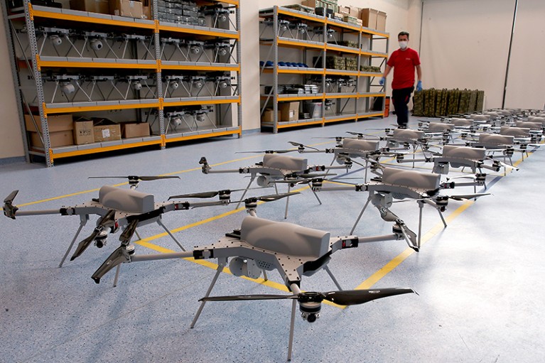 A Turkish defense industry company "STM" worker at the Autonomous Rotary Wing Attack Drone UAV Kargu production centre in 2020.