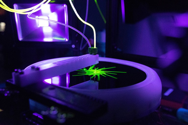 A wafer spinner, which uses silicon disks to sequence genes pictured at Ultima Genomics in California.