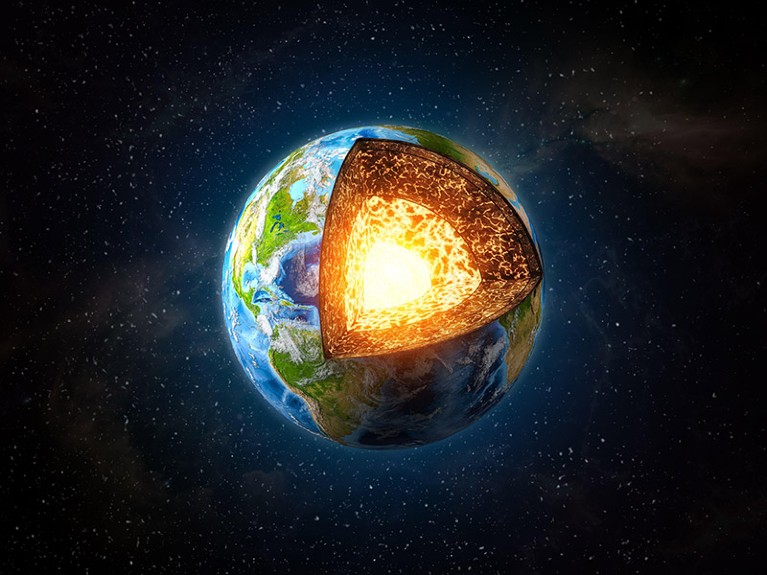 Earth core structure 3D illustration. Cross section of planet with visible layers on space backround