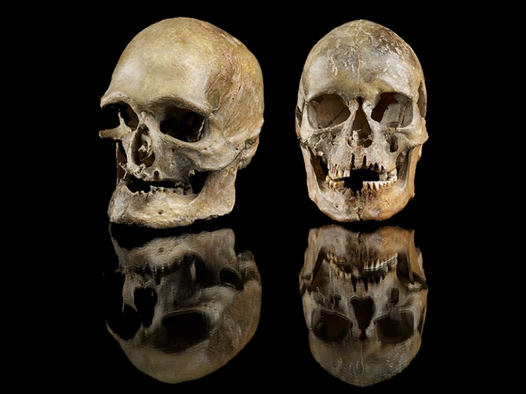 大约14000年前，男性和女性的头骨埋在德国西部(奥伯卡塞尔)。