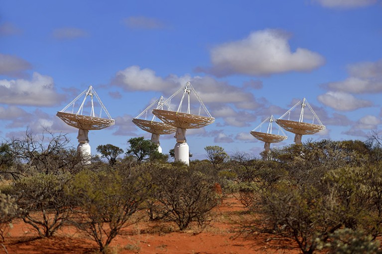 Five radio antennas stick up above trees in the Australian outback.