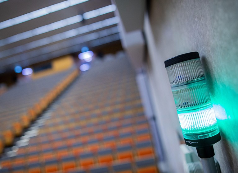 View of a newly installed CO2 signal lamp for monitoring indoor air quality in a lecture hall, Germany.