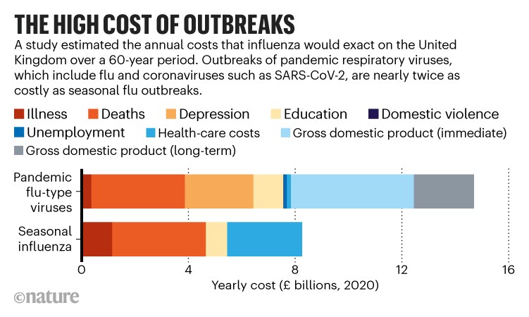 The high cost of outbreaks: Chart comparing the estimated cost of pandemic flu-type viruses to seasonal influenza in the UK.