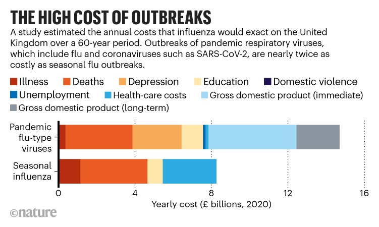 疫情暴发的高成本:比较英国大流行性流感型病毒与季节性流感估计成本的图表。