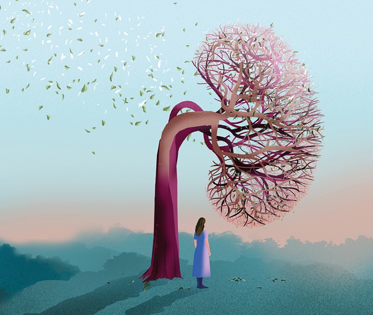An illustration of woman standing under a kidney-shaped tree. The tree leaves have fallen and are blown away by wind.