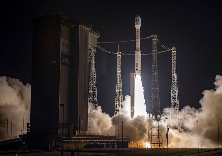 Vega-C rocket lifting off from its launch pad at the Kourou space base, French Guiana.