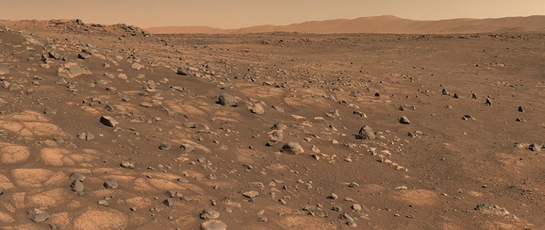 Un área en Marte de la cual el rover Perseverance de la NASA recolectará su primera muestra de roca fotografiada por el rover el 8 de julio de 2021