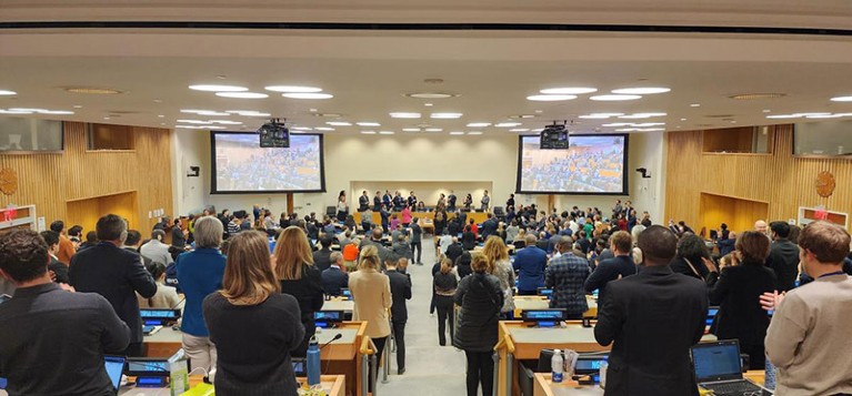 A wide angle view of the Intergovernmental Conference auditorium showing a standing ovation from delegates