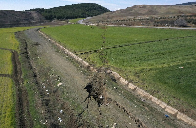 An aerial view of the left-lateral fault showing a road offset after 7.7 and 7.6 magnitude earthquakes in Kahramanmaras, Turkey