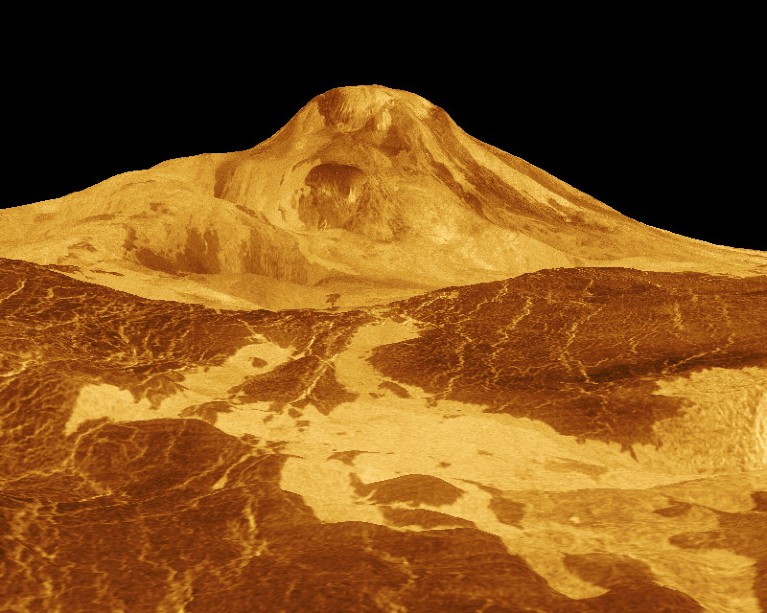 Maat Mons is displayed in this three-dimensional perspective view of the surface of Venus.