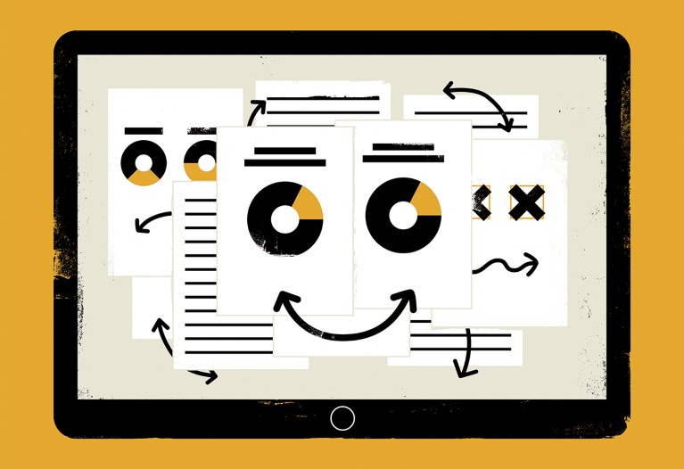 Cartoon showing documents and charts on a tablet screen forming happy, sad and confused faces