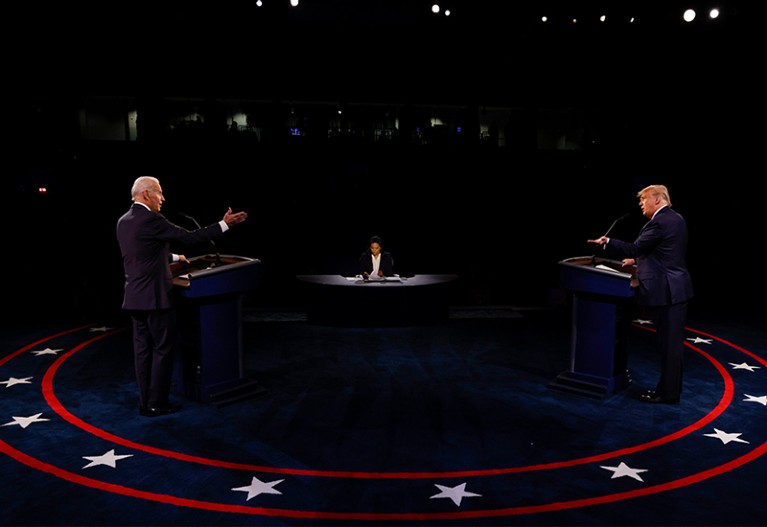 Donald Trump and Joe Biden participate in the final presidential debate in 2020.