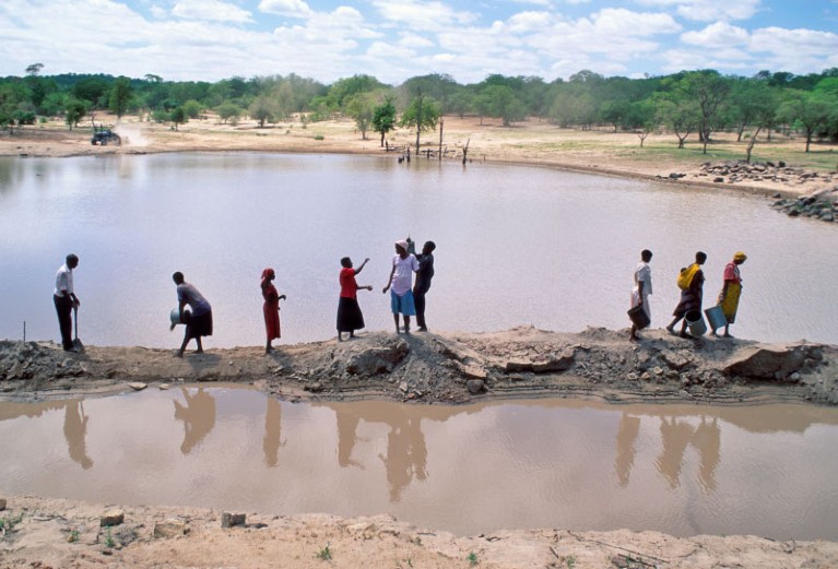 在津巴布韦宾加附近一个干旱易发地区，一个农村社区正在建造大坝，以建立一个水库。