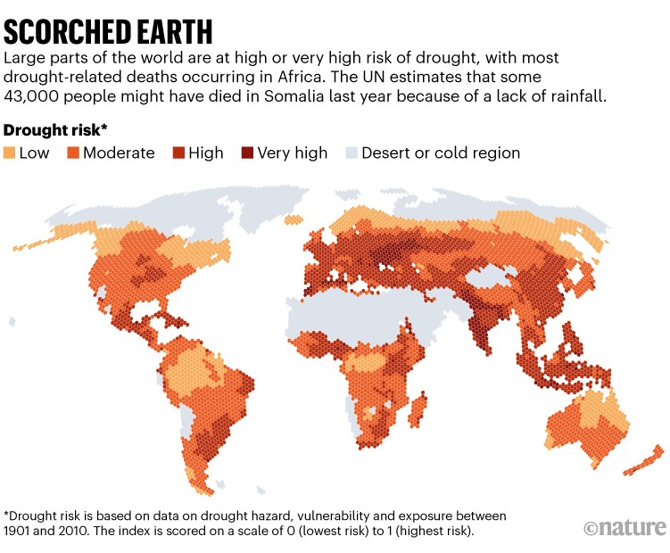 Verschroeide aarde: een kaart met delen van de wereld die een hoog risico op droogte lopen.  De meeste aan droogte gerelateerde sterfgevallen vinden plaats in Afrika.