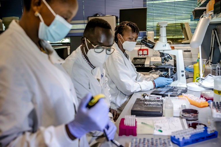 Kenyan scientists wearing face masks work in a immunology and microbiology lab