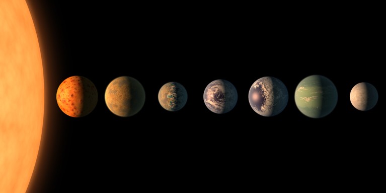 TRAPPIST-1 planetary system. TRAPPIST-1b (far left) and c receive the most light from the star and would be the warmest.