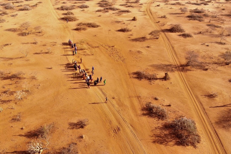 Birds-eye view of a group of people walking along desert land in Somalia