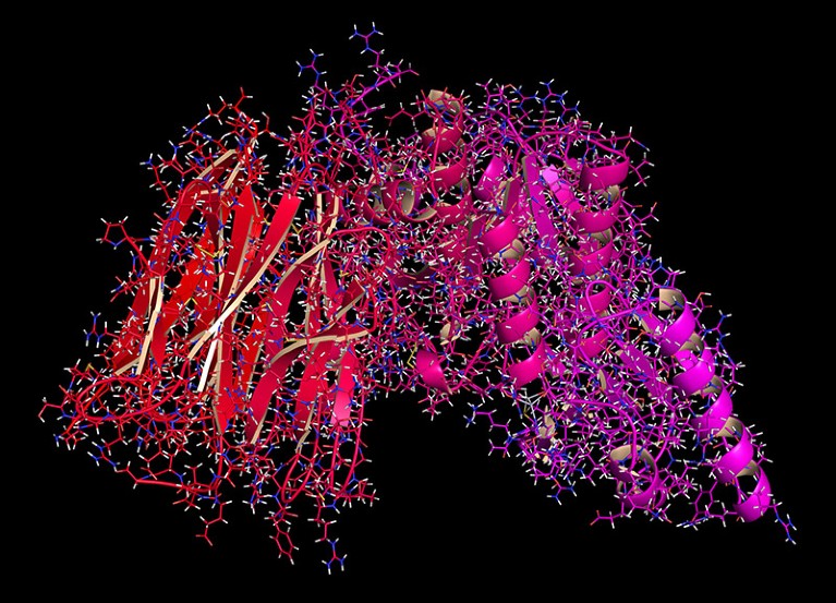 3D computer generated graphic of proprotein convertase subtilisin kexin type 9 (PCSK9) shown as spiral and ribbon structures