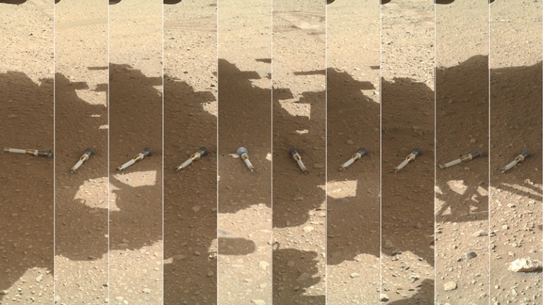 A composite image made up of 10 photos taken by Perseverance rover of each sample tube that it deposited