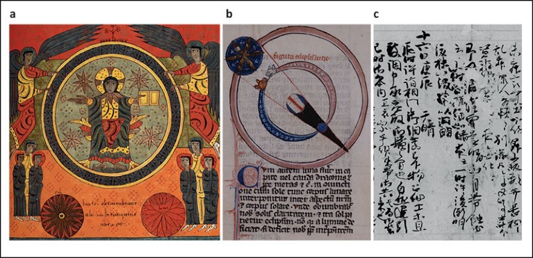 Three representations of lunar eclipses in medieval manuscripts.
