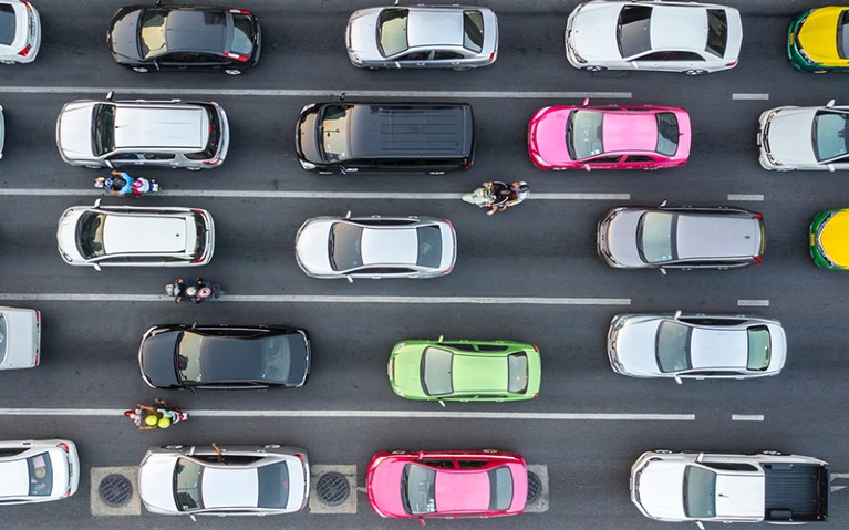 Aerial drone photograph of traffic jam in metropolis city.