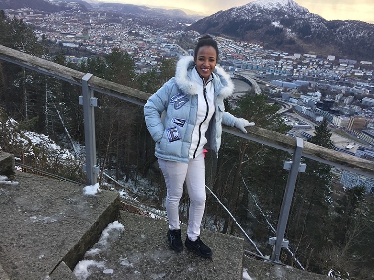 Hiwot Abera Areru stands on hillside overlooking Bergen