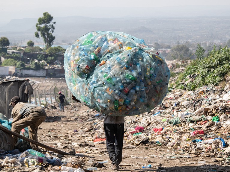 A waste picker delivers a bag full of plastic bottles to a recycling center.