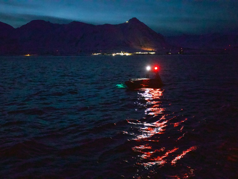 Unmanned Surface Vehicle (USV) called Apherusa explores waters of Kongsfjorden.