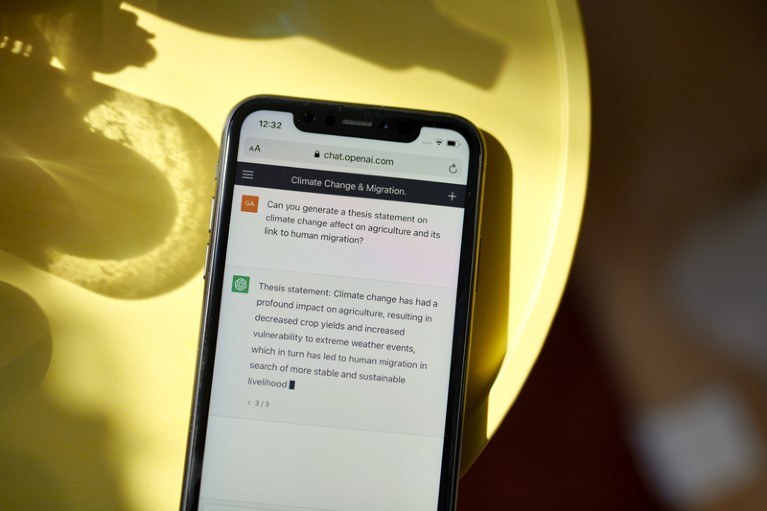 ChatGPT聊天屏幕在智能手机上打开，智能手机放在一张黄色的桌子上
