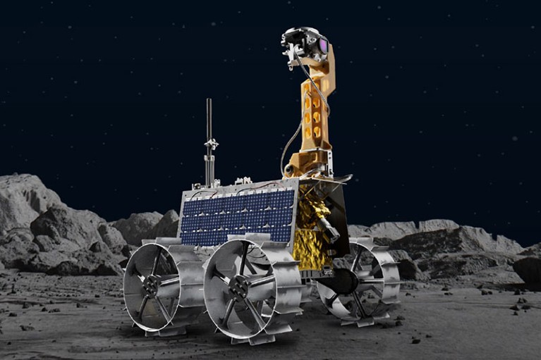 Artist's impression on the Rashid rover on the lunar surface.