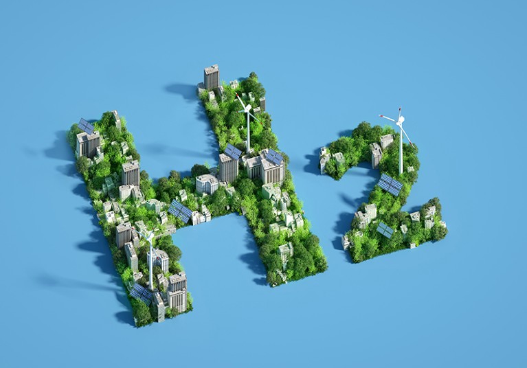 Trees, solar cells and buildings arranged to form the text ‘H2’
