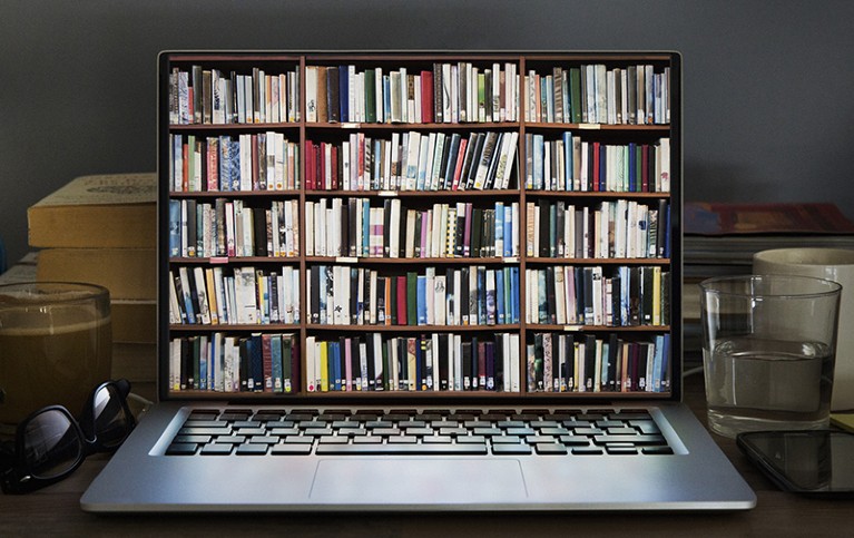Laptop computer with book library on screen