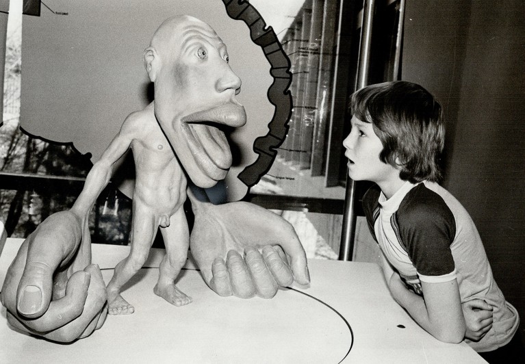 A boy gazes at the homunculus (little man) in the Seeing Brain exhibition from 1981